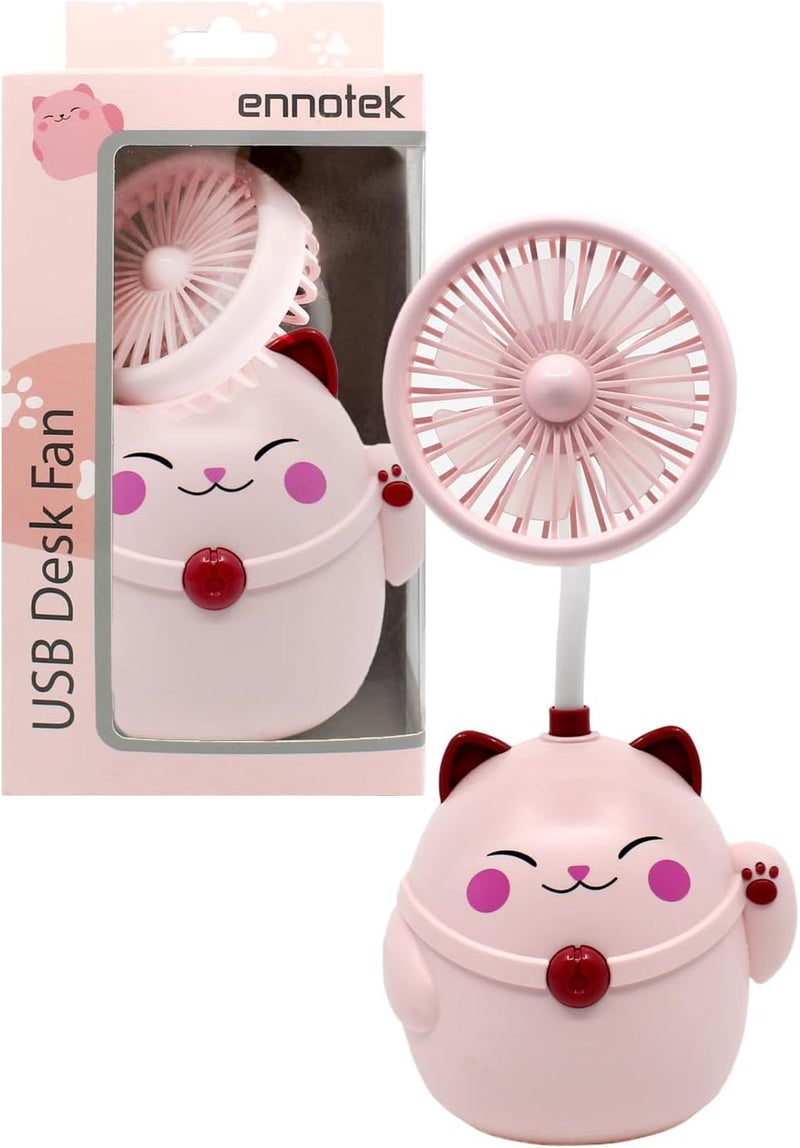 Ennotek Cute Cat Desk Fan with Pen Caddie – USB Plug‑In Table Fan with Strong Airflow & Small Backup Battery – Fun Office Desk Accessories for Home, School & Work (Pink Cat) - Image 1
